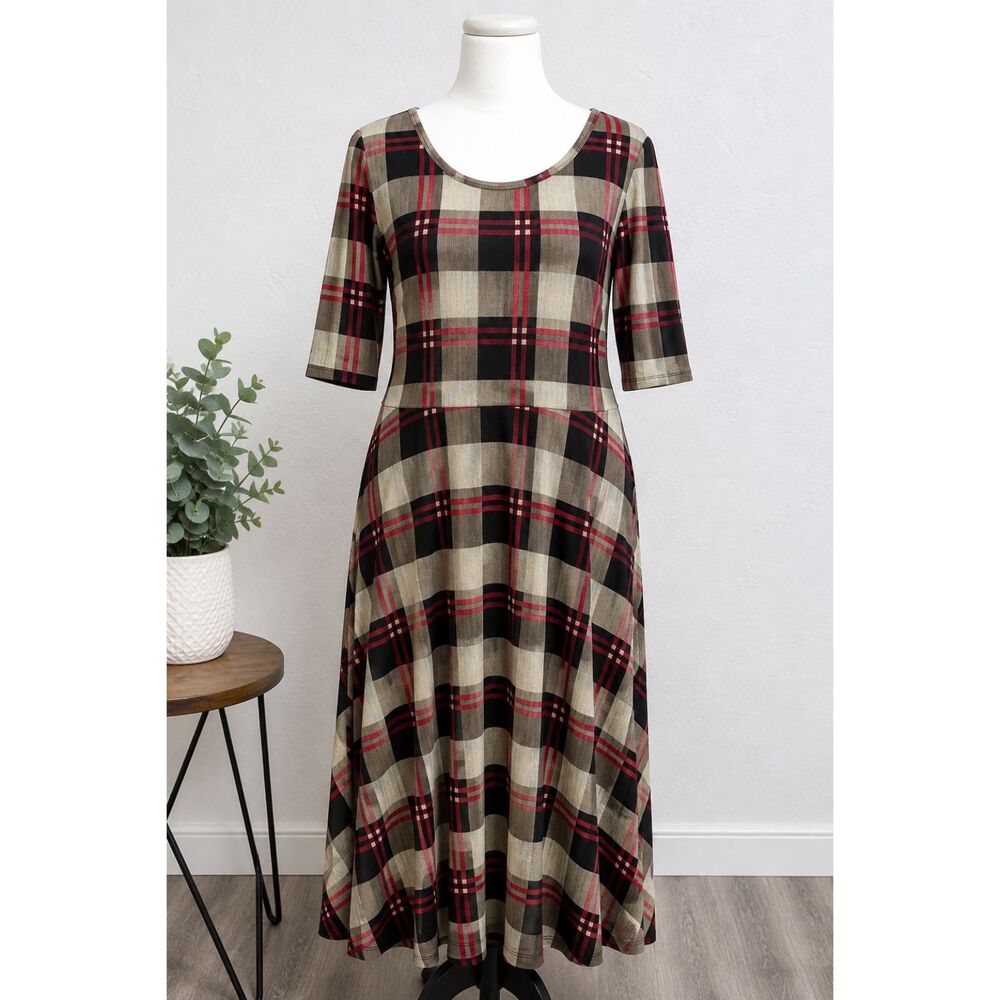 LuLaRoe Ana Dress 3XL NWT Plaid Midi Swing Dress 3/4 Sleeve Taupe Red Black